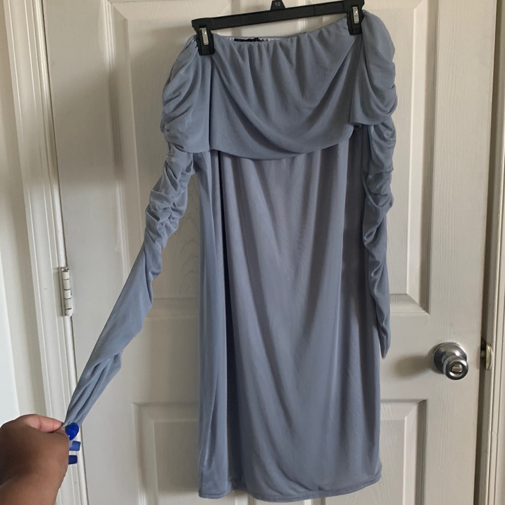 Prettylittlething off the shoulder dress w/ ruched arms ❄️❄️